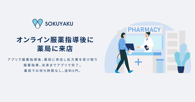 ＜オンライン診療・服薬指導アプリで初＞「SOKUYAKU」、処方薬の受け取り方法に「店頭」を追加、日本全国約4,000の調剤薬局で、オンライン服薬指導後の当日受け取りが可能に〜送料不要、待ち時間なし、代理受け取り可など、ユーザーの利便性をUP〜のイメージ